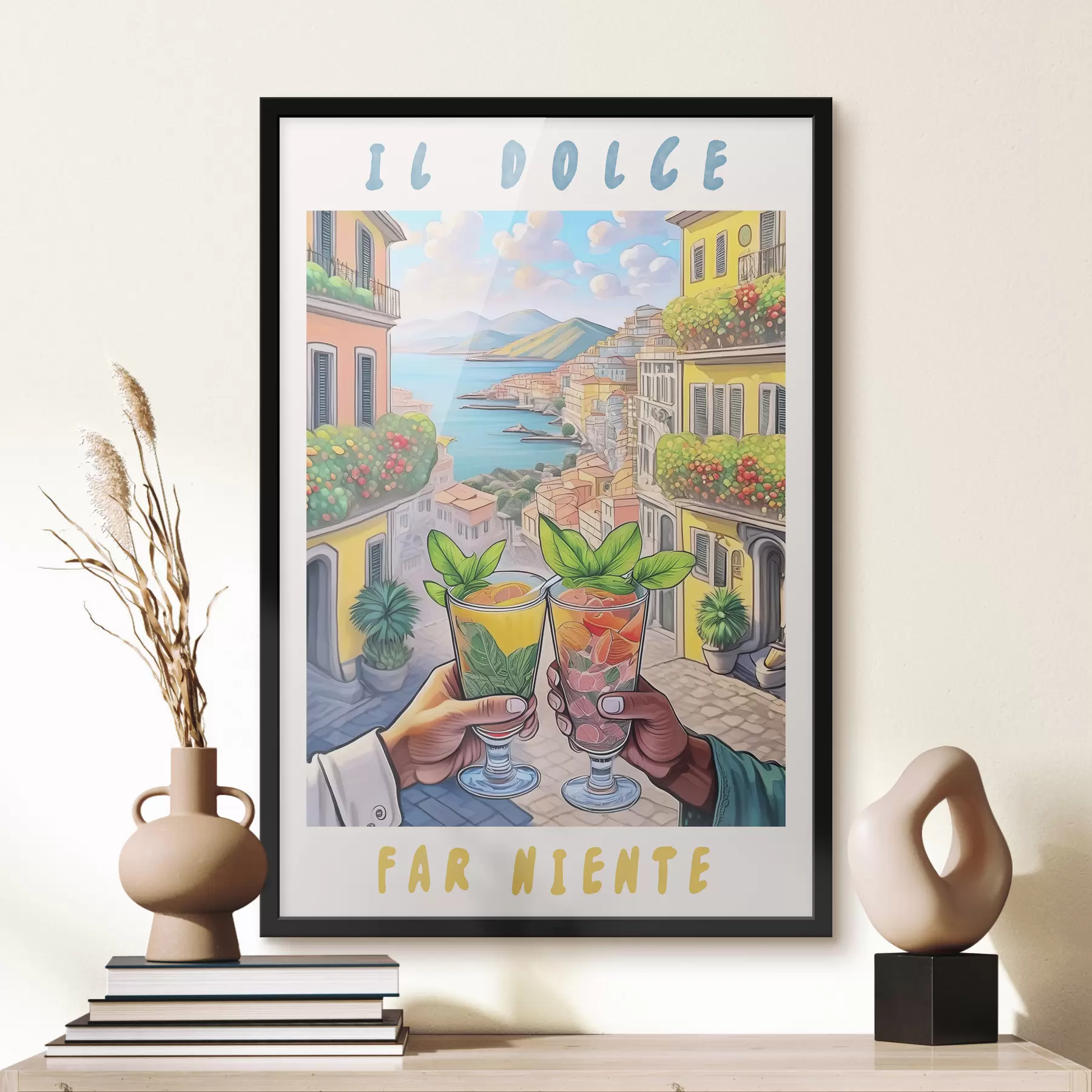 Fotobehang Italiaanse stad, zeekust, cocktails, roeping, architectuur, zomer, aquarel f38392
