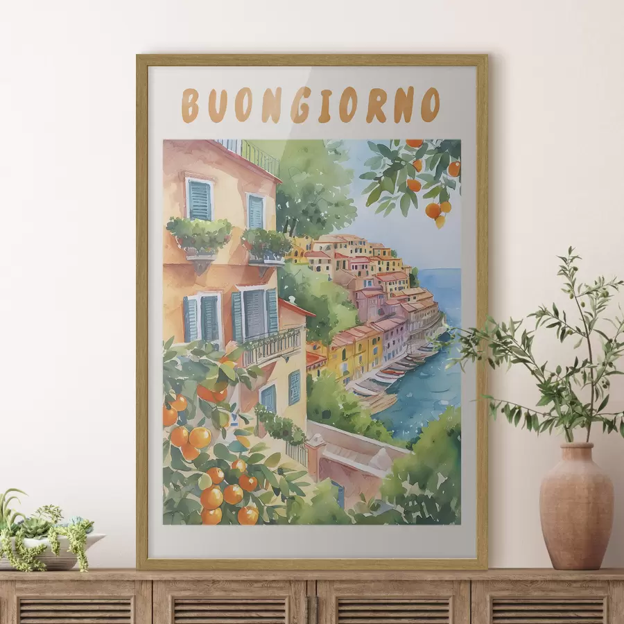 Fotobehang Italiaanse stadsarchitectuur, Amalfi Zeekust, zomer, aquarel, citroenboom f38393