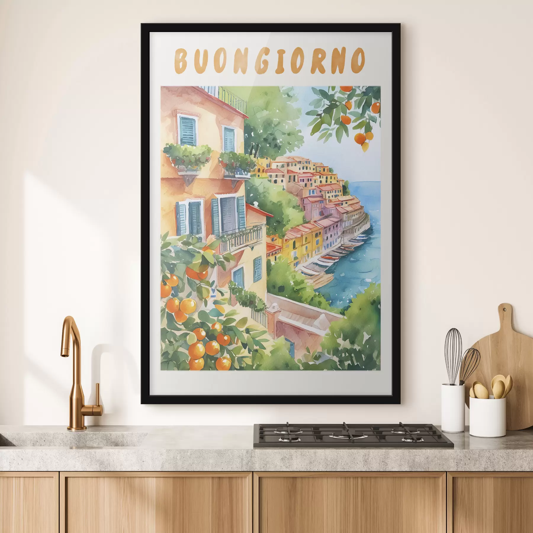 Fotobehang Italiaanse stadsarchitectuur, Amalfi Zeekust, zomer, aquarel, citroenboom f38393