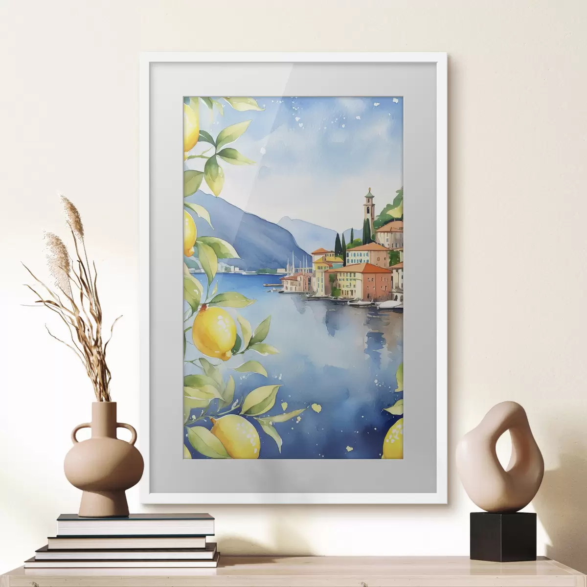 Affiche Lac italien, été, aquarelle, paysage naturel, citrons, architecture urbaine f38397