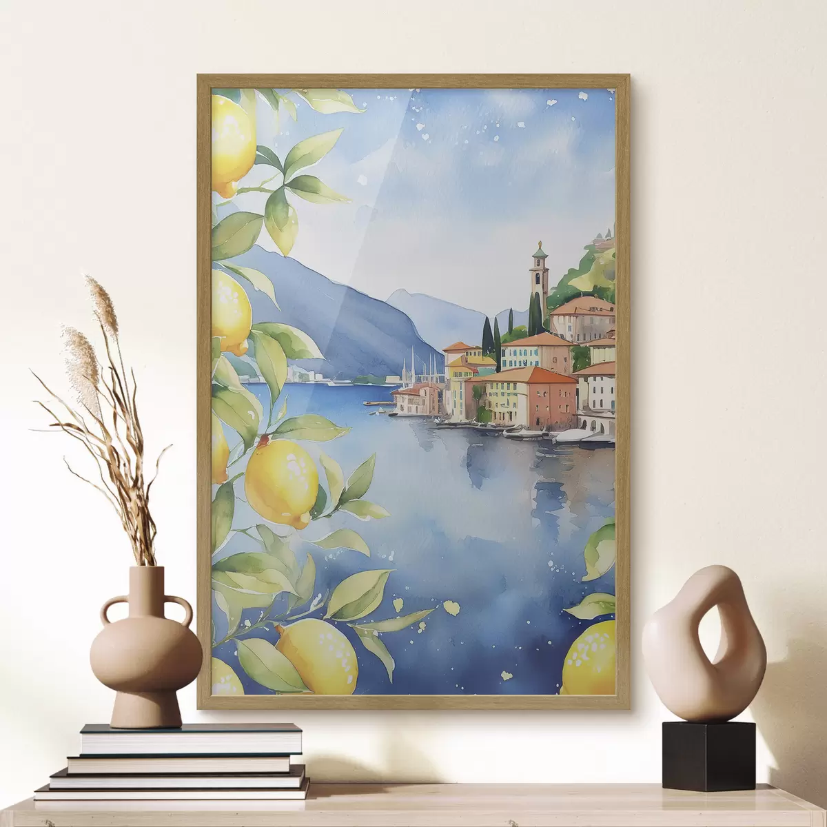 Affiche Lac italien, été, aquarelle, paysage naturel, citrons, architecture urbaine f38397