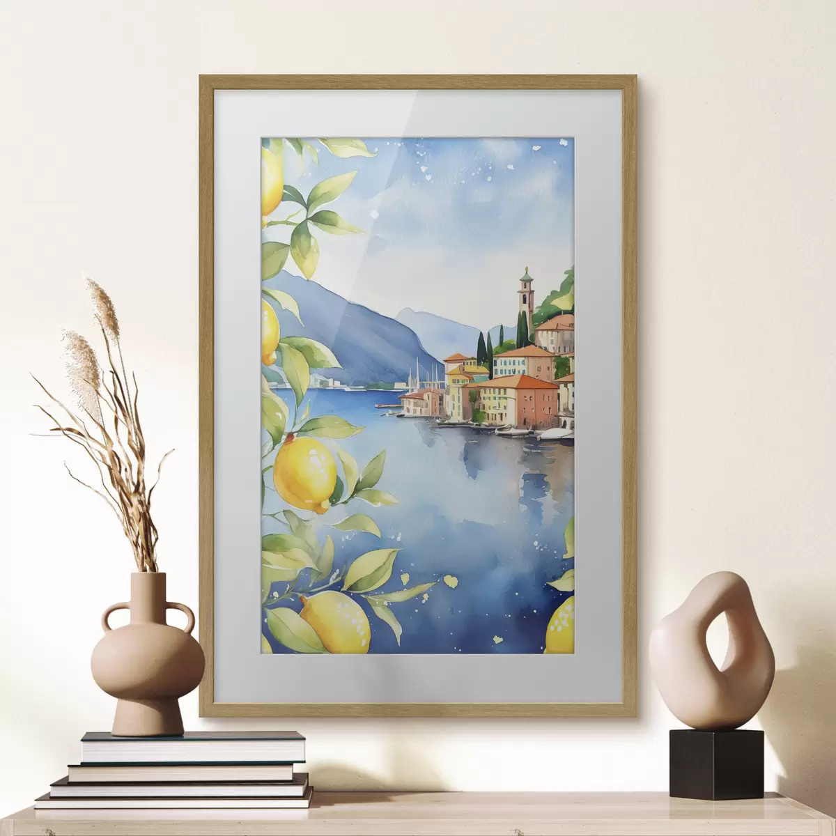 Affiche Lac italien, été, aquarelle, paysage naturel, citrons, architecture urbaine f38397