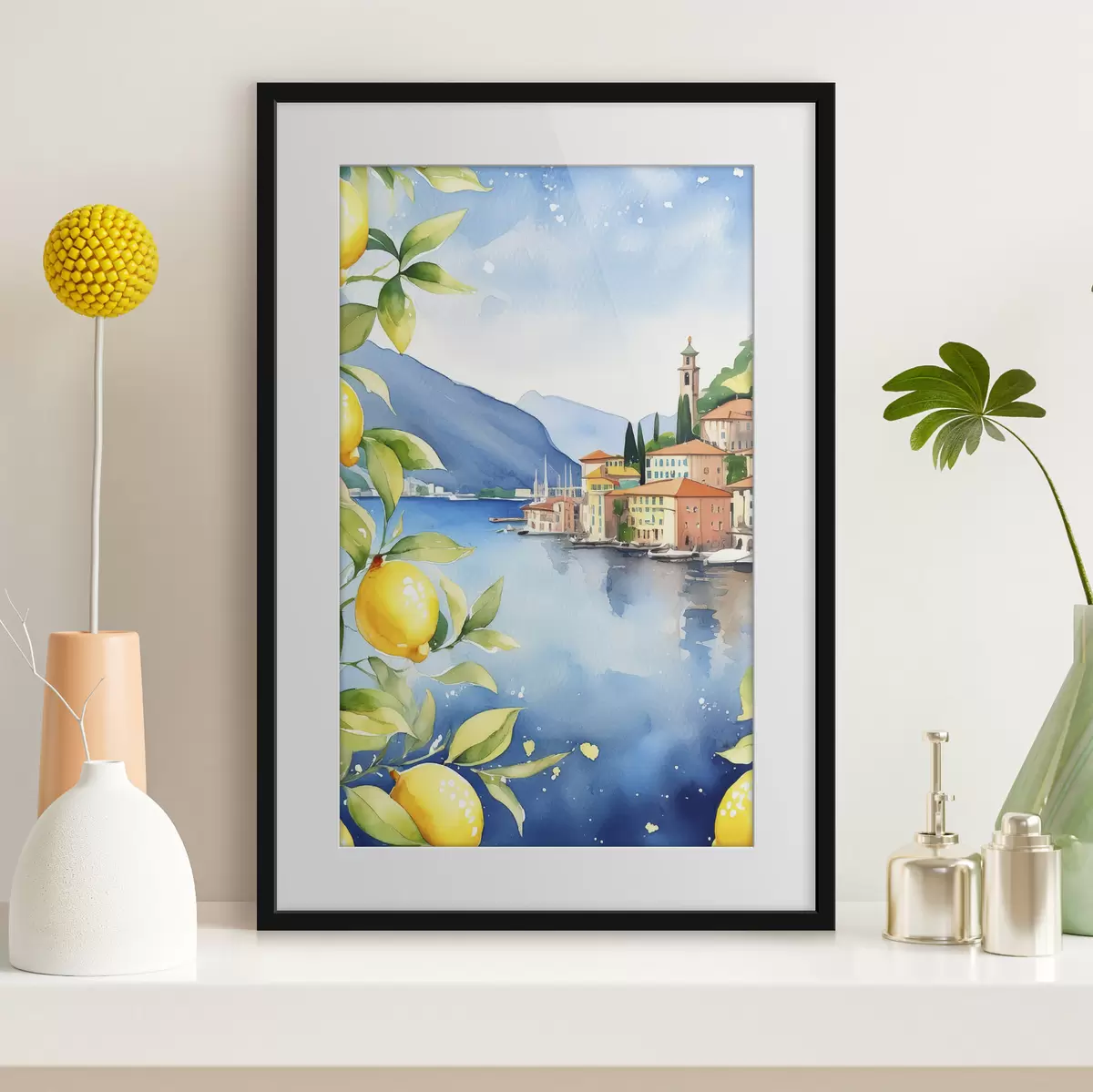 Affiche Lac italien, été, aquarelle, paysage naturel, citrons, architecture urbaine f38397
