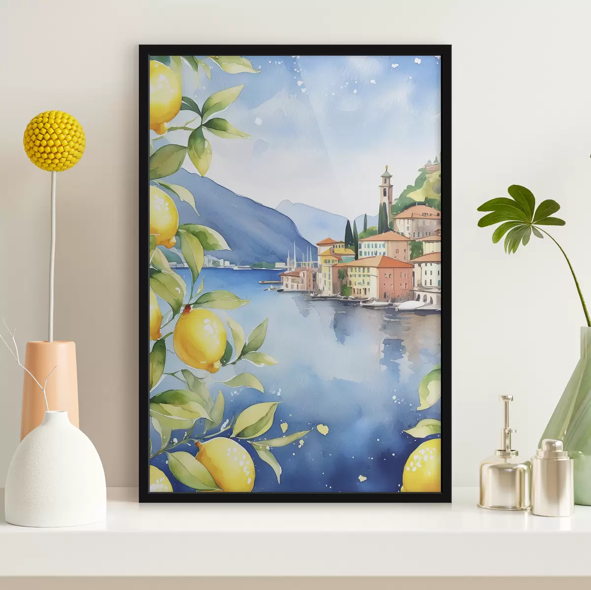 Affiche Lac italien, été, aquarelle, paysage naturel, citrons, architecture urbaine f38397