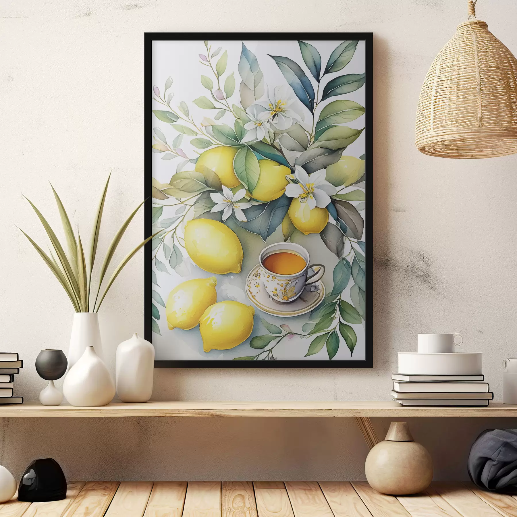 Papier peint photo Citrons et fleurs, aquarelle, petit déjeuner, tasse de thé, style bohème f38403