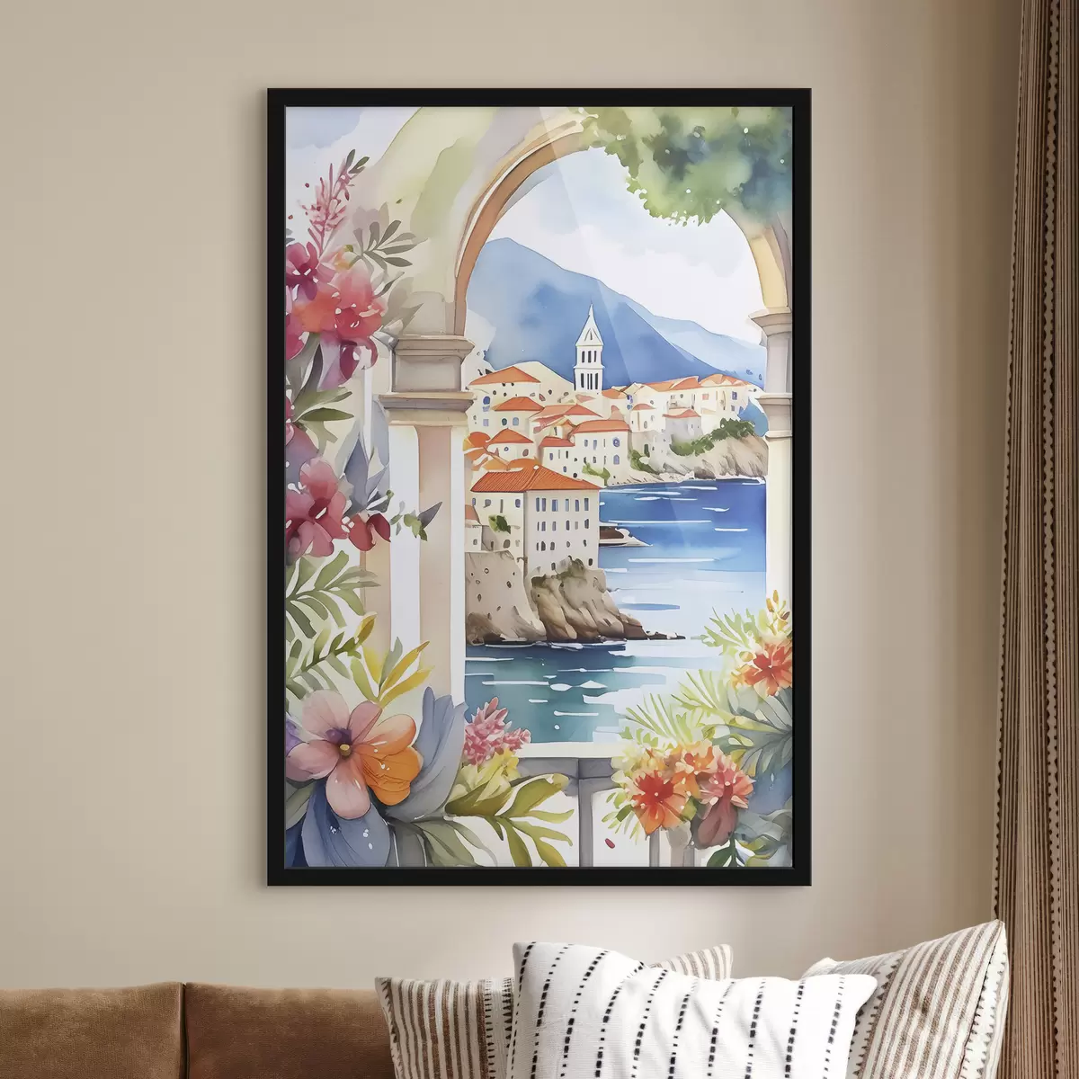 Affiche Architecture méditerranéenne, aquarelle, fleurs d'été, mer bleue, montagnes f38408