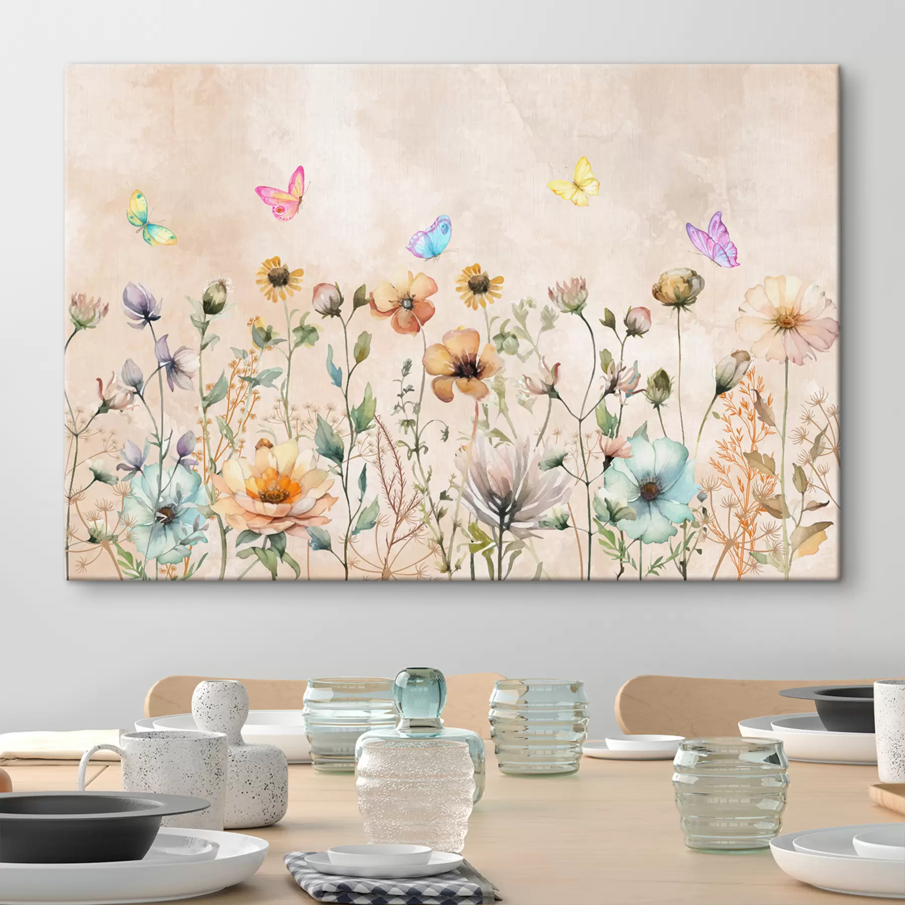 Fotobehang wilde bloemen met aquarellen, heldere vlinders, pastelkleuren s38441