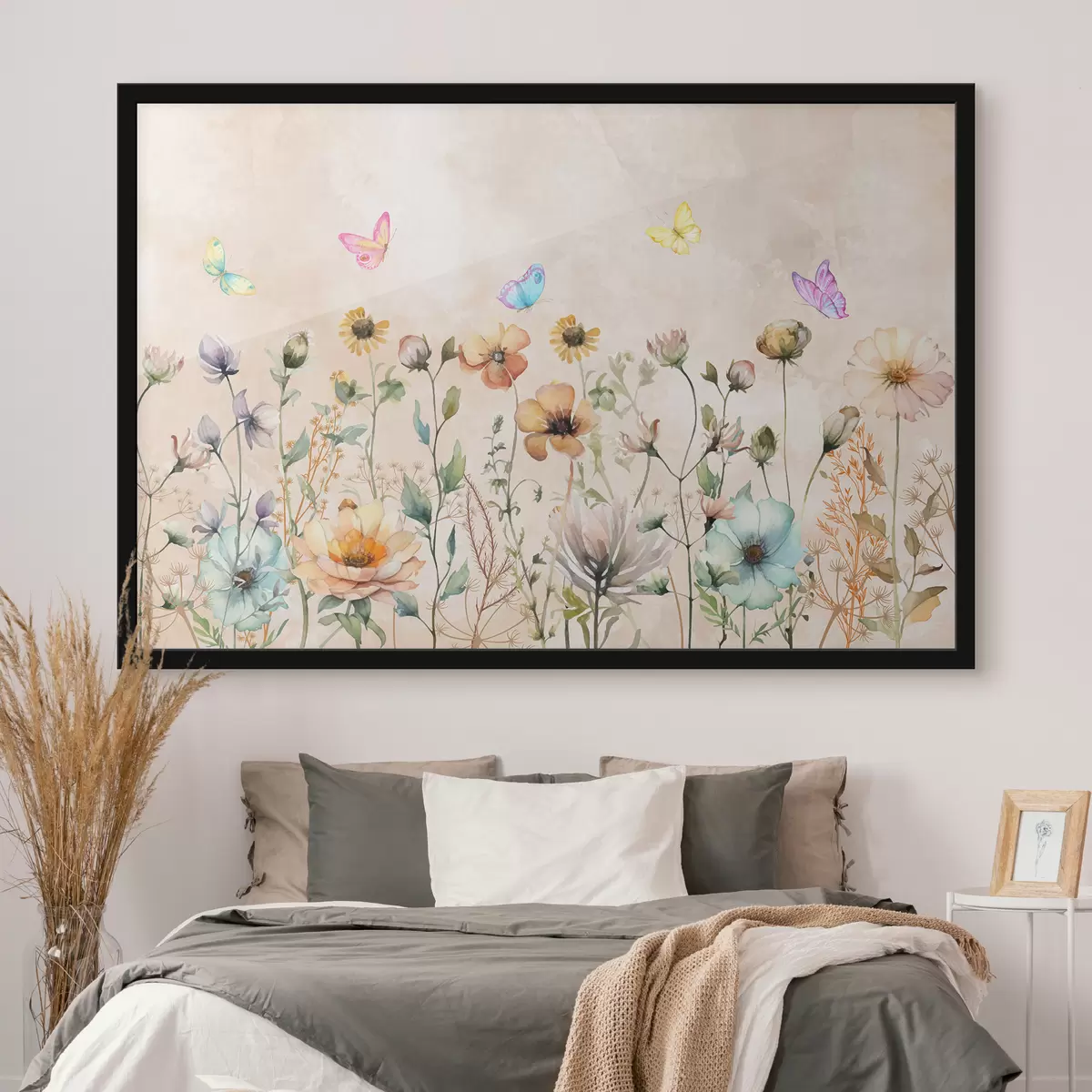 Poster wilde bloemen met aquarellen, heldere vlinders, pastelkleuren f38441