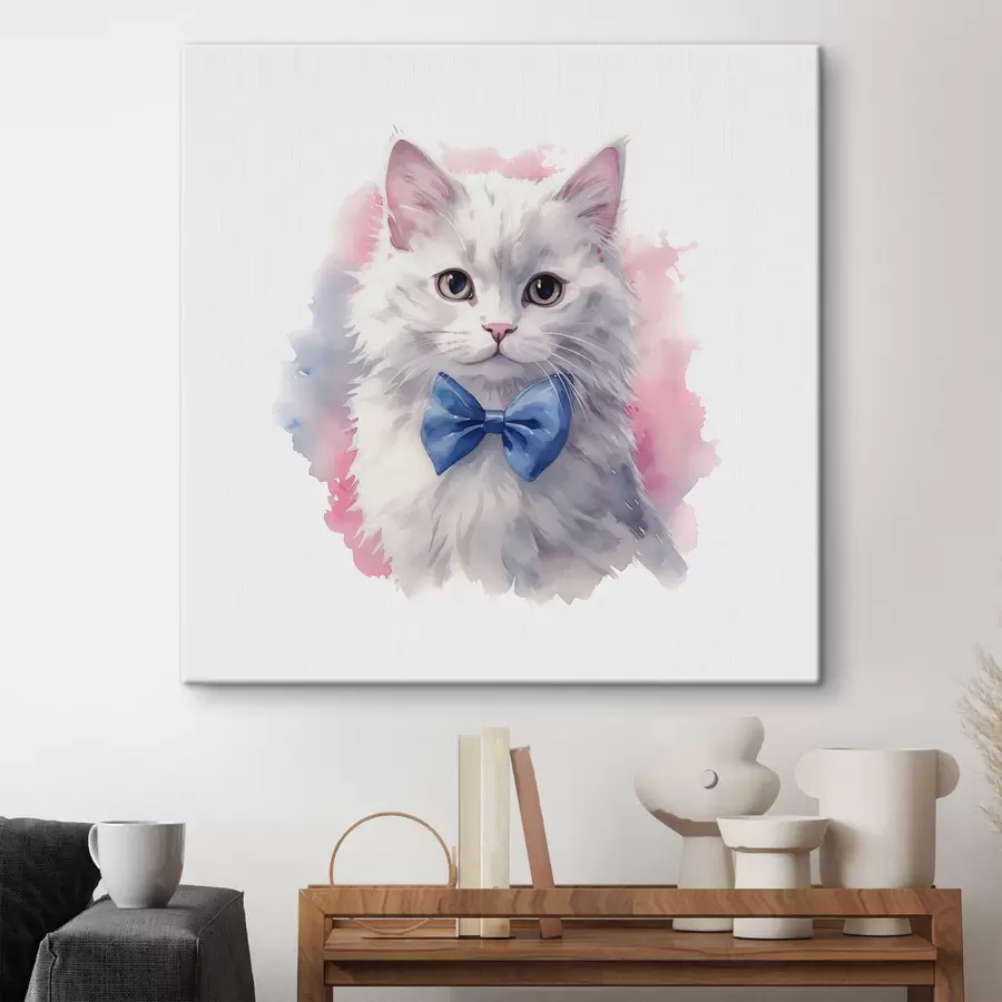  Peintures Chat blanc moelleux avec un noeud bleu sur le cou, aquarelle, animal, gris, blanc, rose, bleu s38479