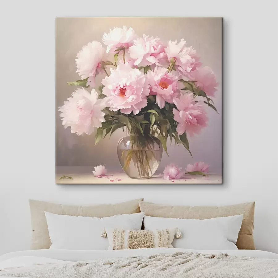  Schilderijen Roze pioenrozen in een glazen vaas op een zwarte achtergrond, imitatie olieverfschilderij, bloemen s38482