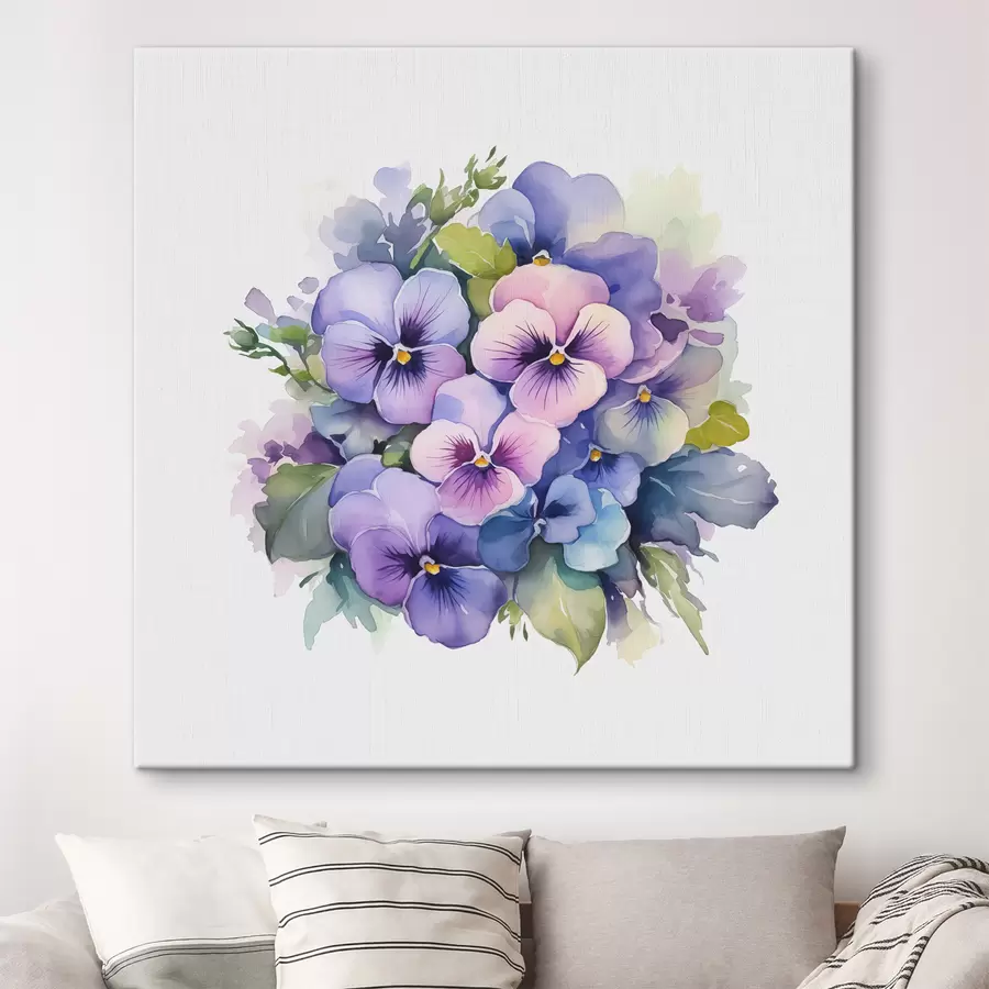  Peintures Illustration aquarelle de violettes, bouquet, fleurs, bleu, violet, couleur verte s38486