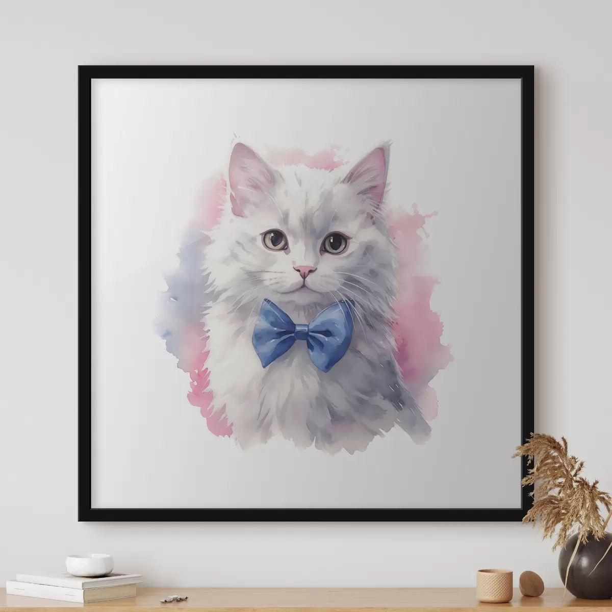 Affiche Chat blanc en peluche avec un noeud bleu sur le cou, aquarelle, animal, gris, blanc, rose, couleur bleue f38479