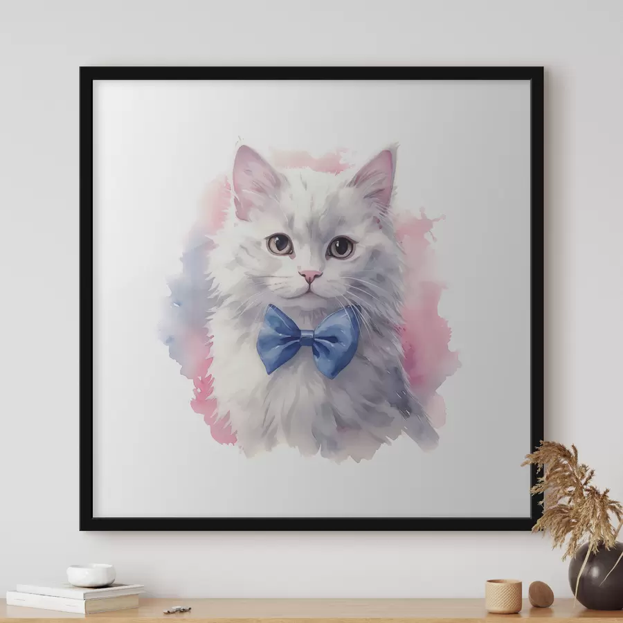 Papier peint photo Chat blanc en peluche avec un noeud bleu sur le cou, aquarelle, animal, gris, blanc, rose, couleur bleue f38479