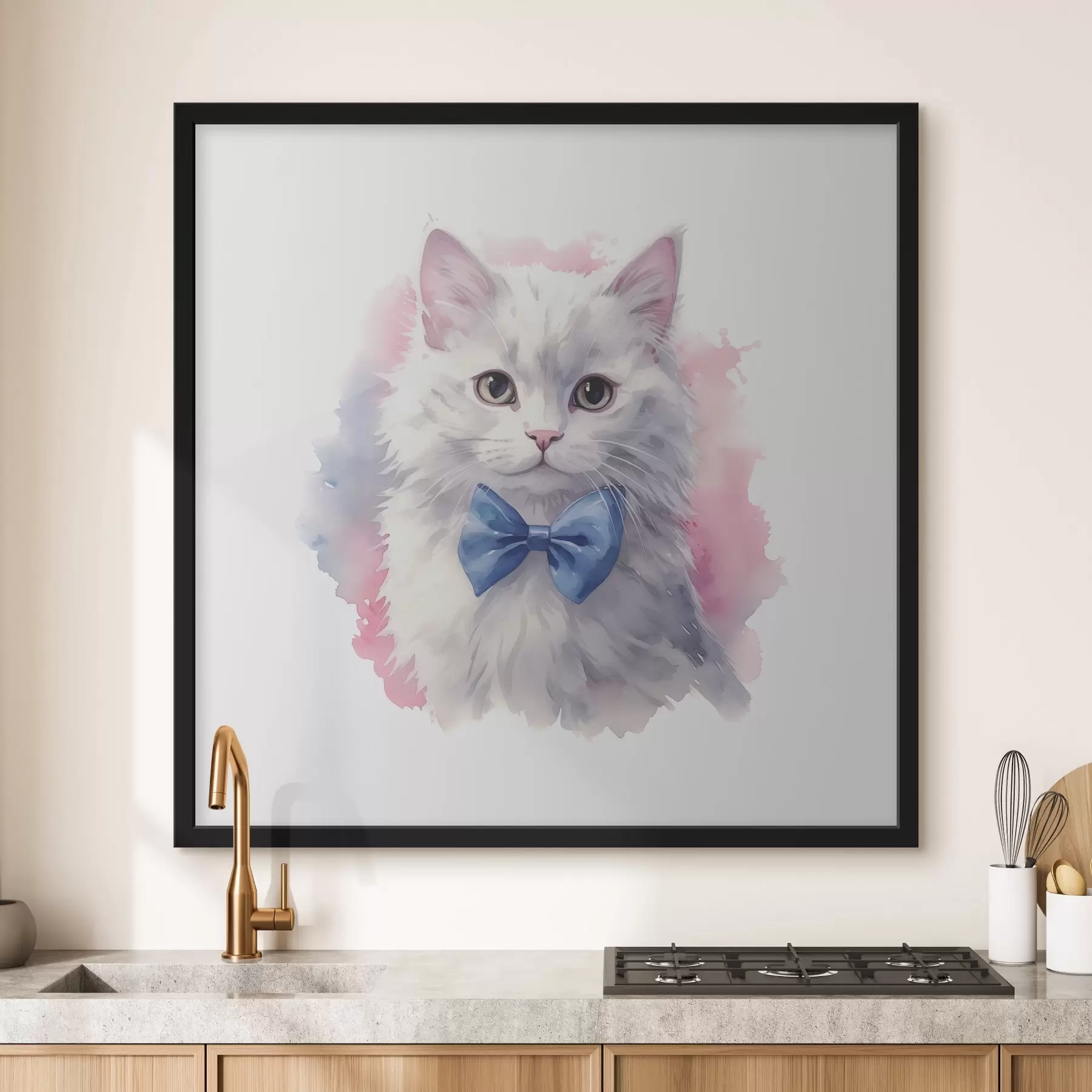 Fotobehang Witte pluizige kat met een blauwe strik op de nek, aquarel, dier, grijs, wit, roze, blauwe kleur f38479