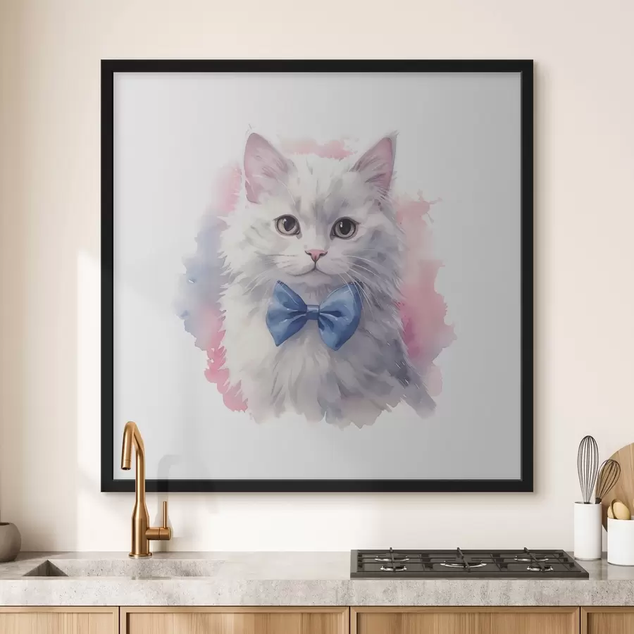 Fotobehang Witte pluizige kat met een blauwe strik op de nek, aquarel, dier, grijs, wit, roze, blauwe kleur f38479
