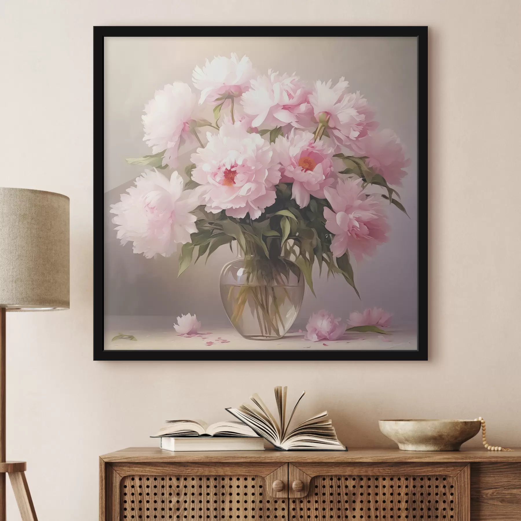 Fotobehang Roze pioenrozen in een glazen vaas op een zwarte achtergrond, imitatie van een olieverfschilderij, bloemen f38482