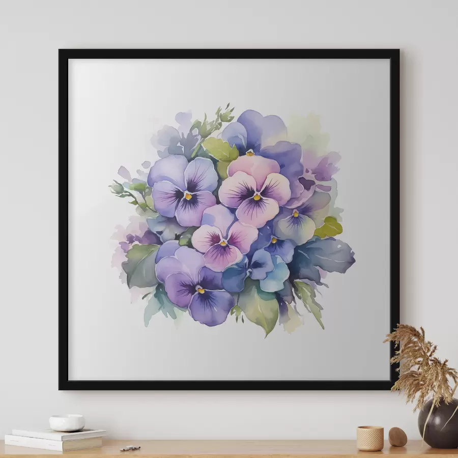 Papier peint photo Illustration aquarelle de violettes, bouquet, fleurs, bleu, violet, couleur verte f38486