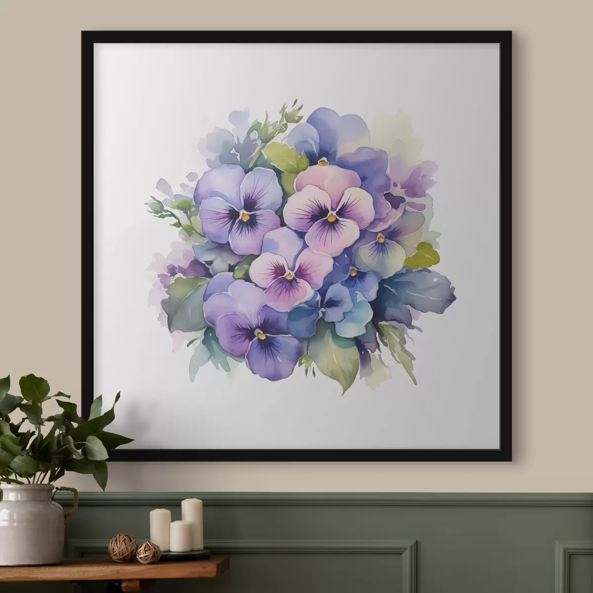 Poster Viooltjes aquarel illustratie, boeket, bloemen, blauwe, paarse, groene kleur f38486