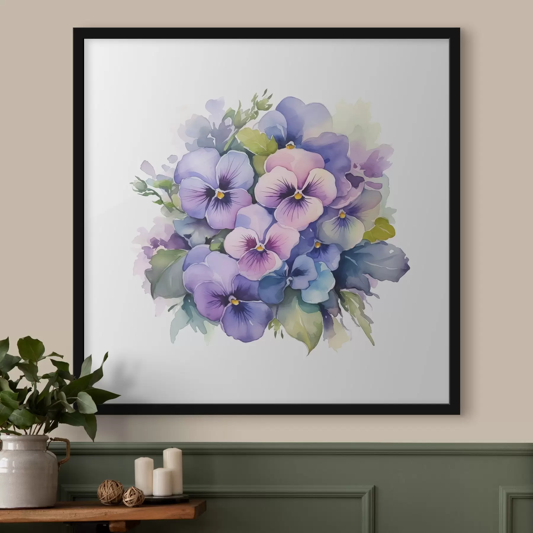  Peintures Illustration aquarelle de violettes, bouquet, fleurs, bleu, violet, couleur verte f38486