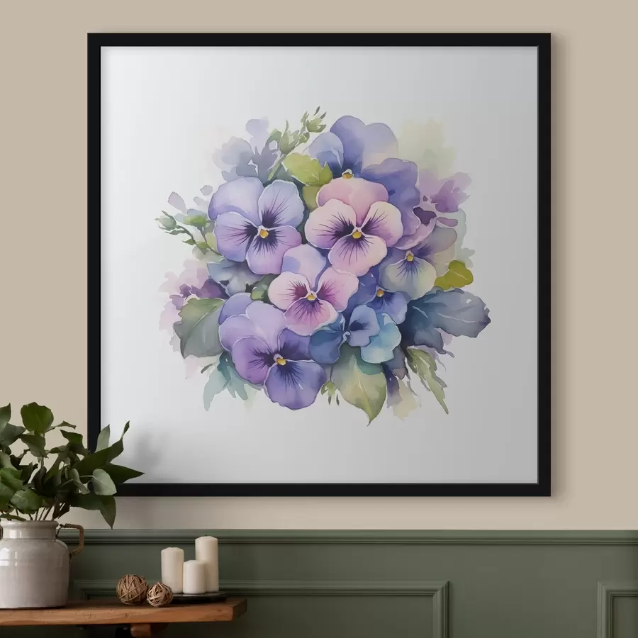 Fotobehang Viooltjes aquarel illustratie, boeket, bloemen, blauwe, paarse, groene kleur f38486