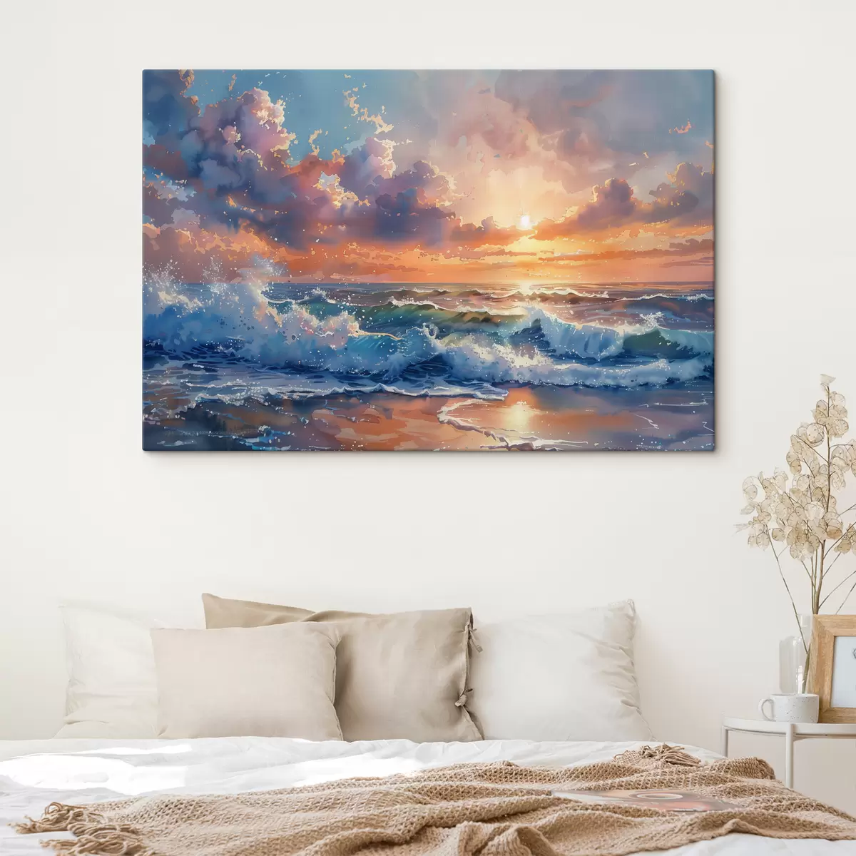  Peintures Coucher de soleil sur fond de vagues s38474