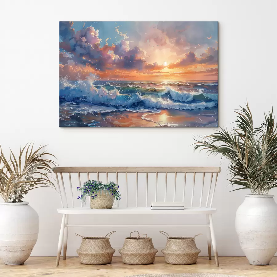  Peintures Coucher de soleil sur fond de vagues s38474