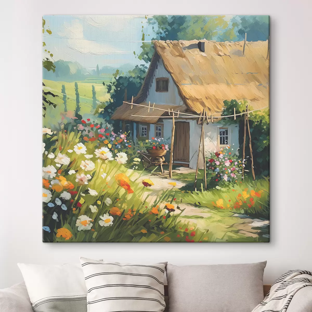  Peintures Maison de village avec jardin, fleurs d'été, peinture à l'huile, coups de pinceau, champ, style rustique s38491