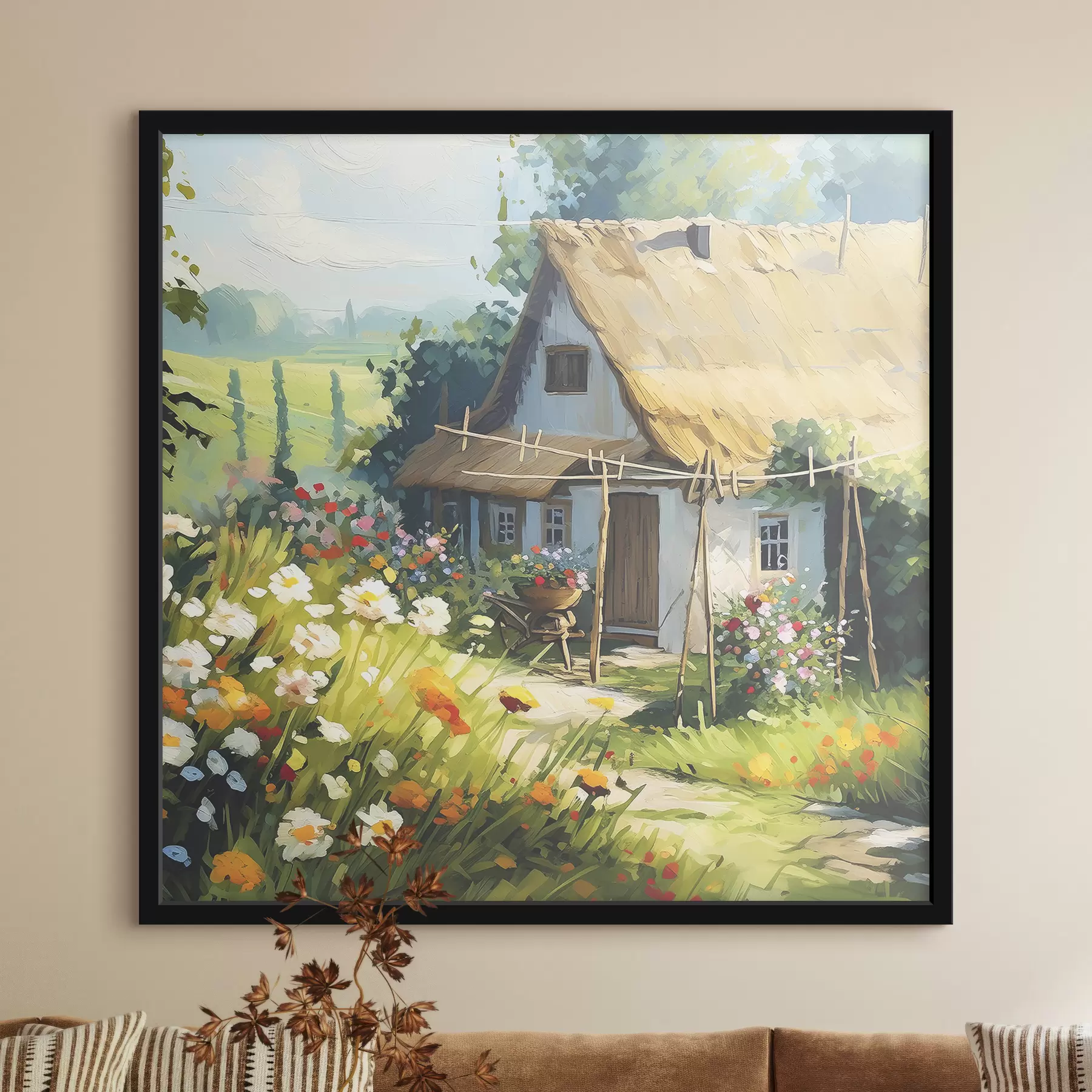 Fotobehang Dorpshuis met tuin, zomerbloemen, olieverf, penseelstreken, veld, rustieke stijl f38491