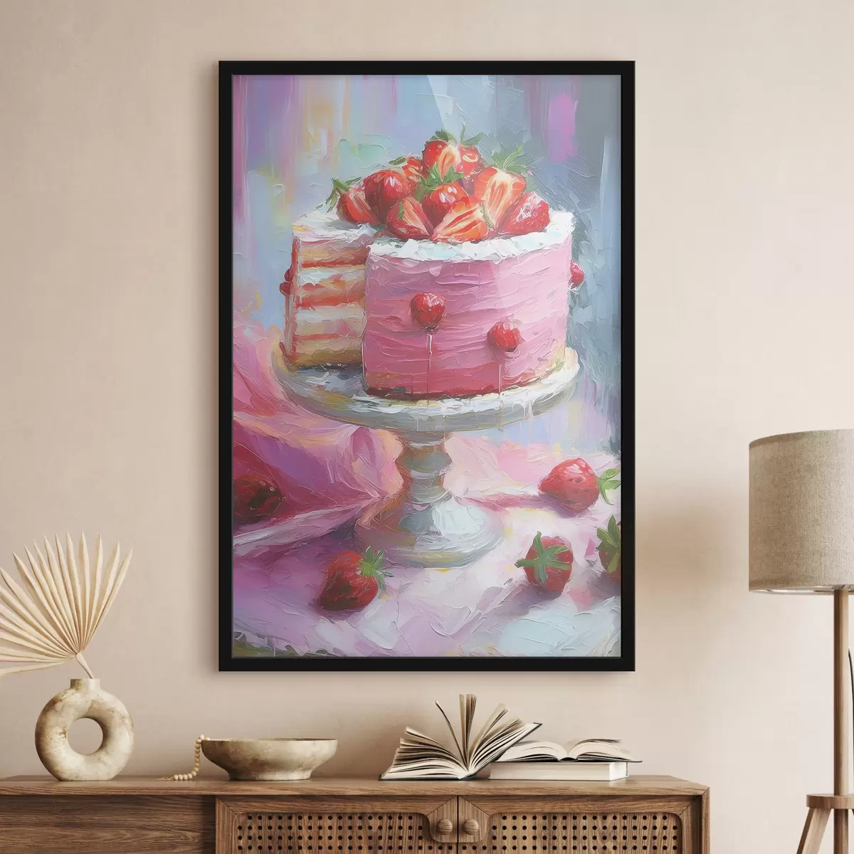 Poster Aardbeientaart met room, olieverf, grote penseelstreken, zomerbessen, roze kleuren f38499