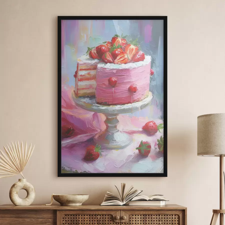 Fotobehang Aardbeientaart met room, olieverf, grote penseelstreken, zomerbessen, roze kleuren f38499
