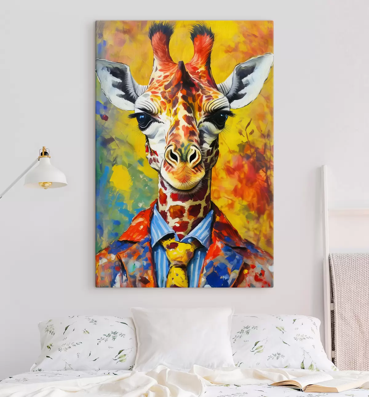  Schilderijen portret van een giraffe in een pak op een gele achtergrond s38606