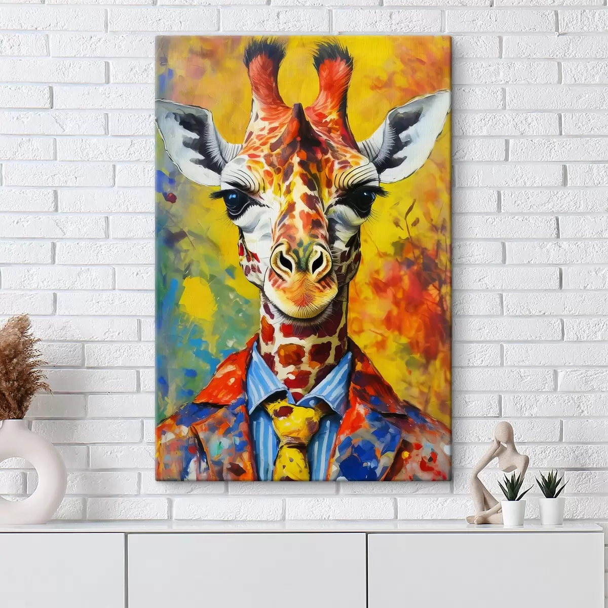  Peintures portrait d'une girafe en costume sur fond jaune s38606