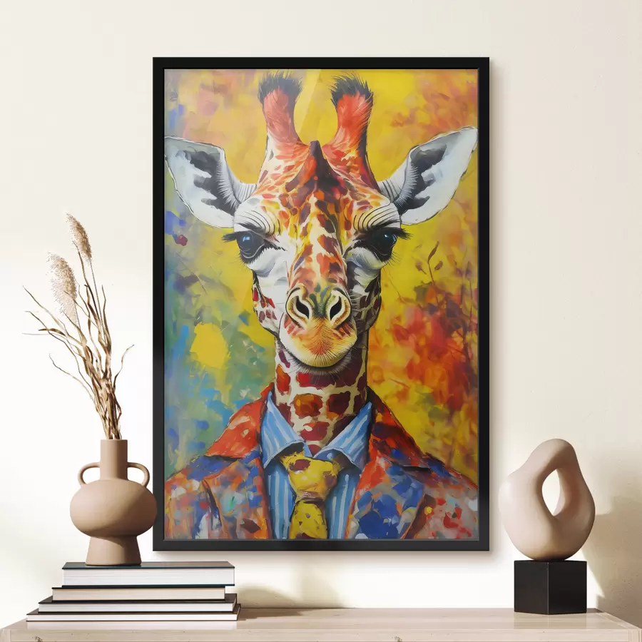Fotobehang portret van een giraffe in een pak op een gele achtergrond f38606