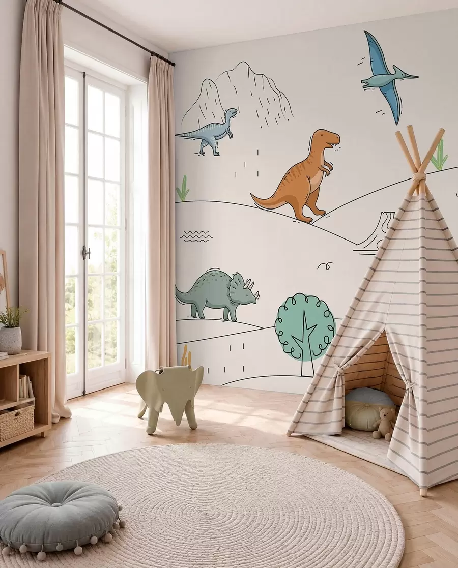 Fotobehang Kleurrijke dinosaurussen op de heuvels w00637