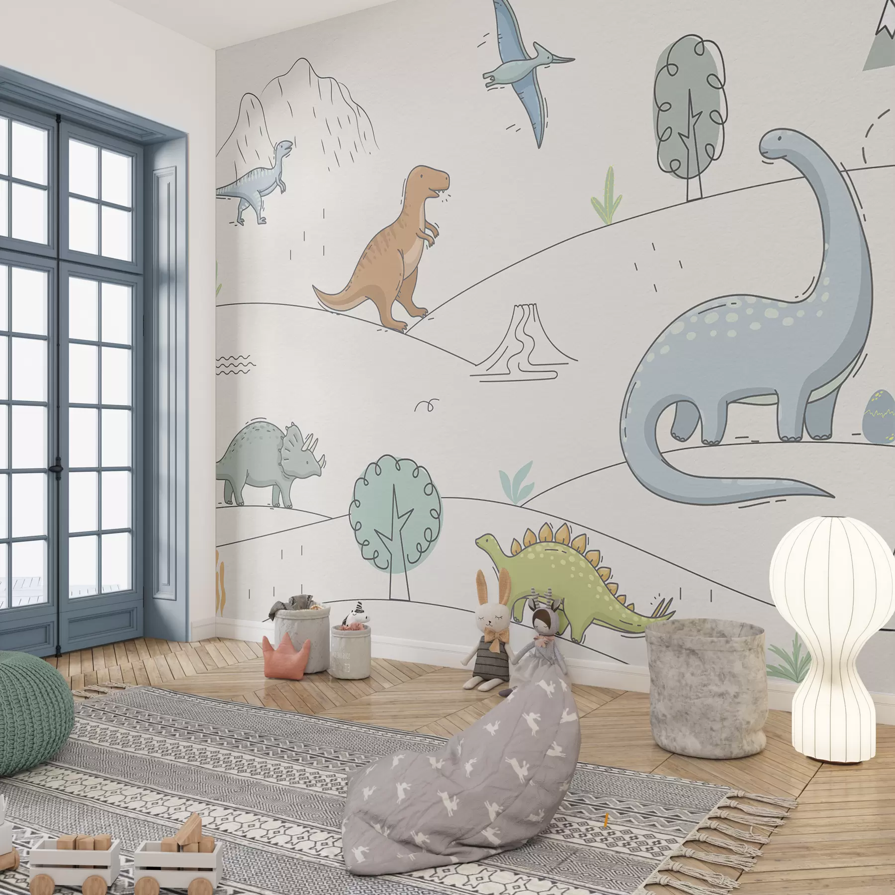 Fotobehang Kleurrijke dinosaurussen op de heuvels w00637