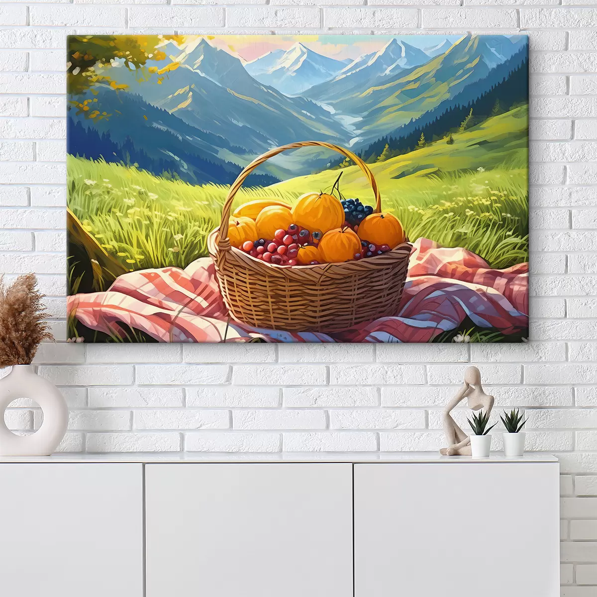  Peintures une corbeille de fruits sur un pré dans les montagnes s38654
