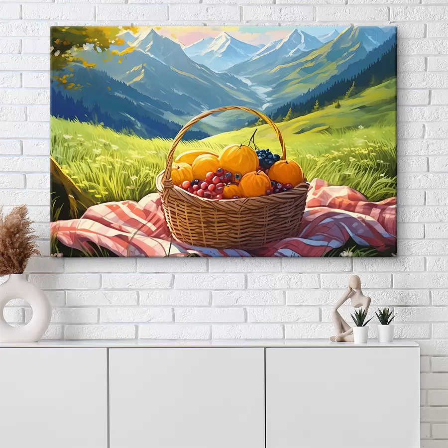  Peintures une corbeille de fruits sur un pré dans les montagnes s38654