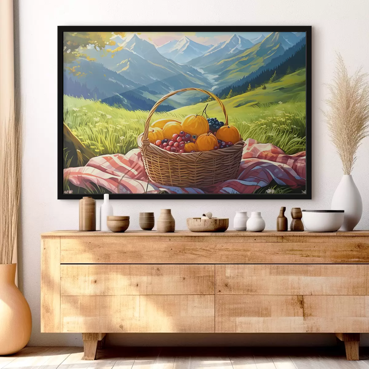 Affiche une corbeille de fruits sur un pré dans les montagnes f38654