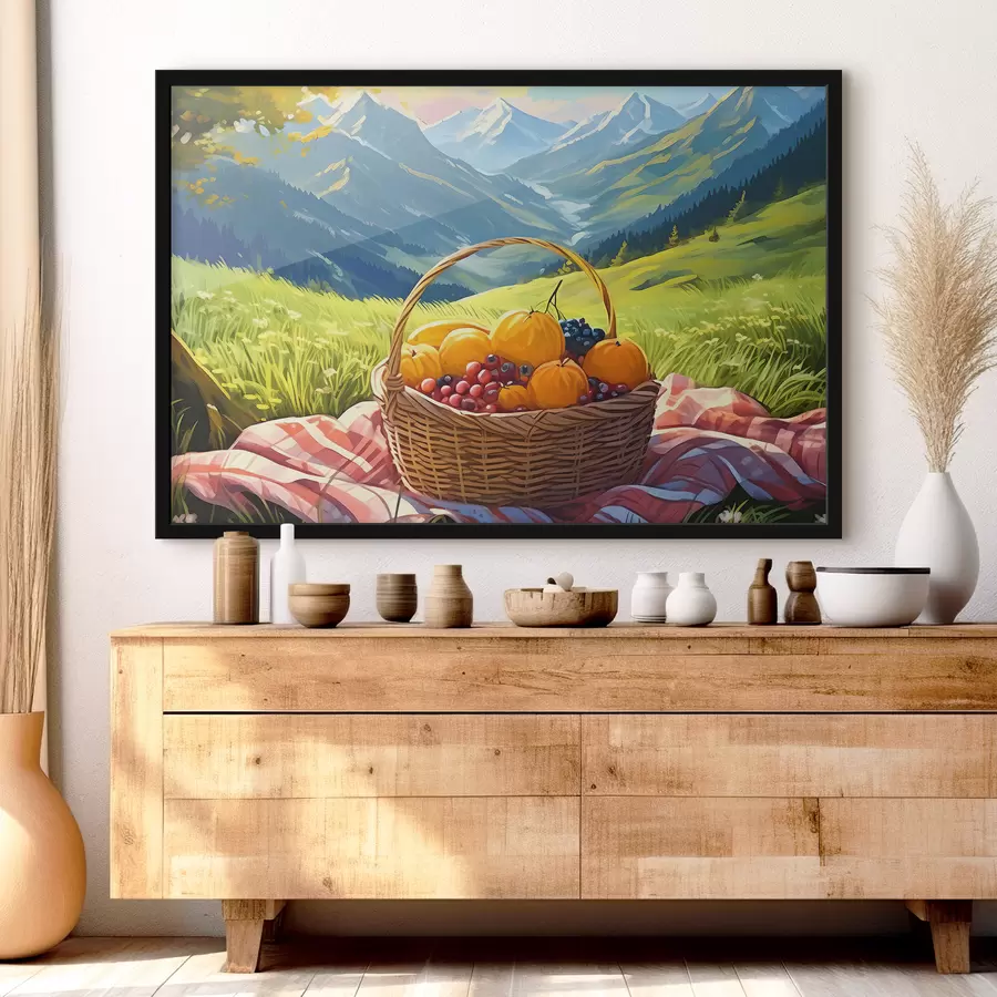 Fotobehang een fruitmand op een weide in de bergen f38654