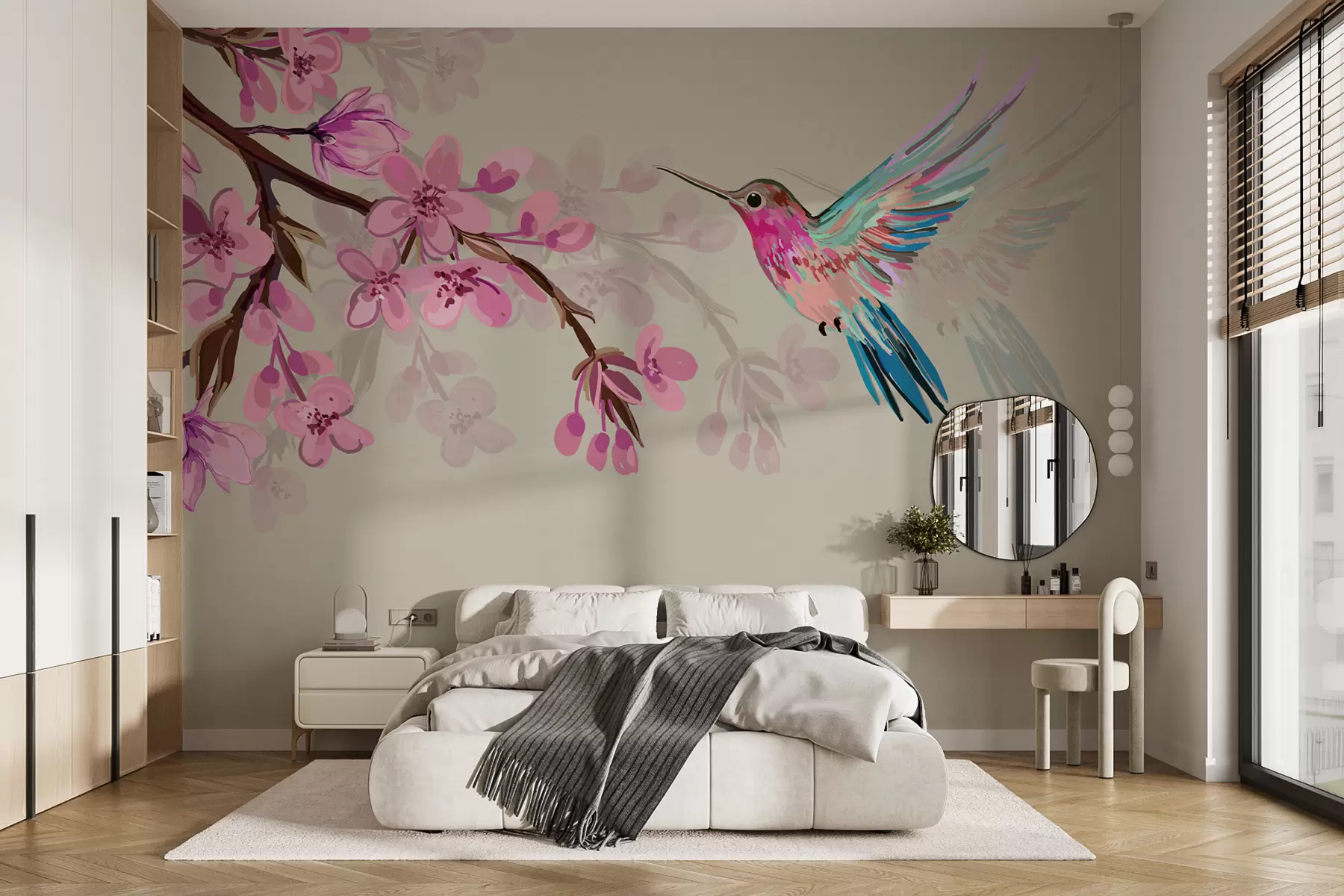 Fotobehang tak met roze bloemen en een heldere vogel op een roze achtergrond w00693v1