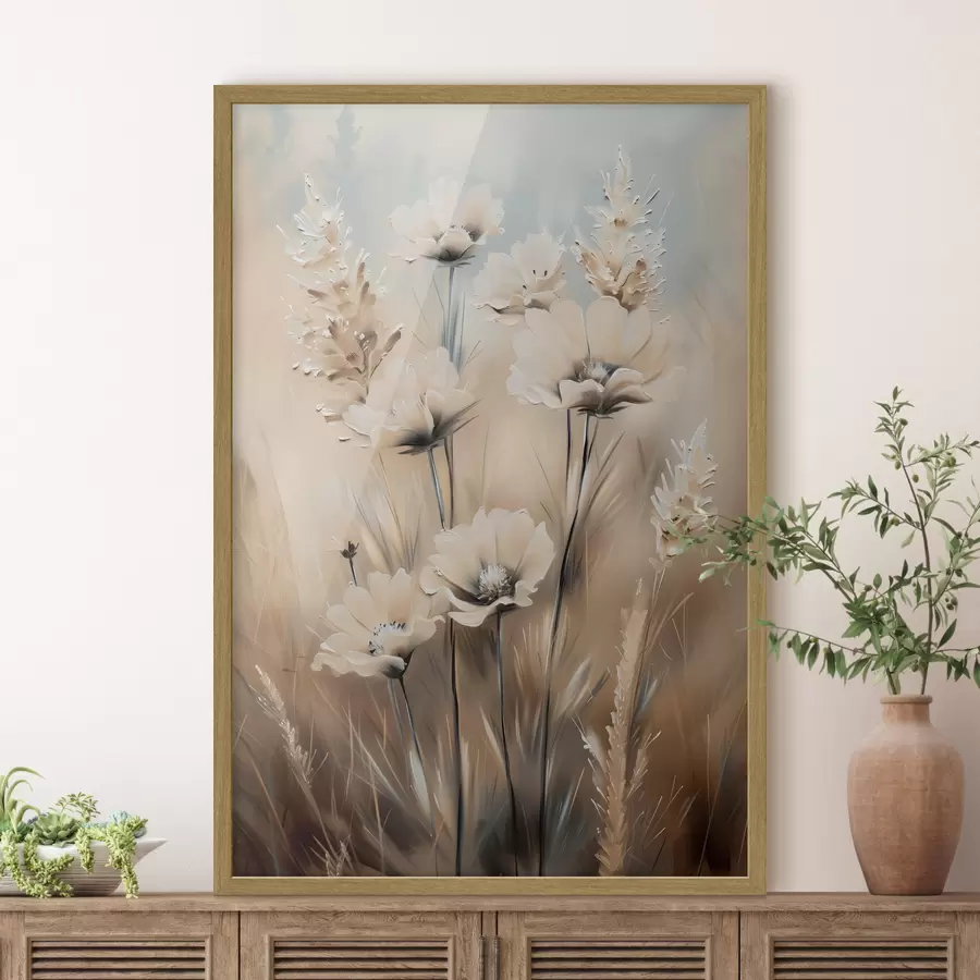 Papier peint photo Fleurs dans les champs dans les tons beiges f38720