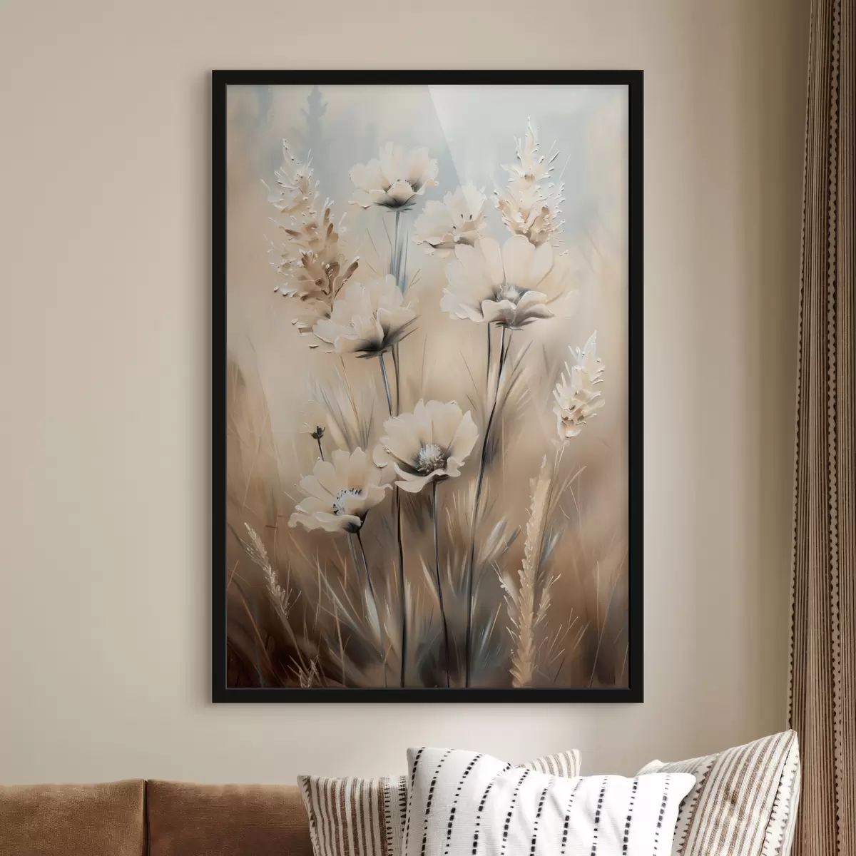 Poster Bloemen in het veld in beige tinten f38720