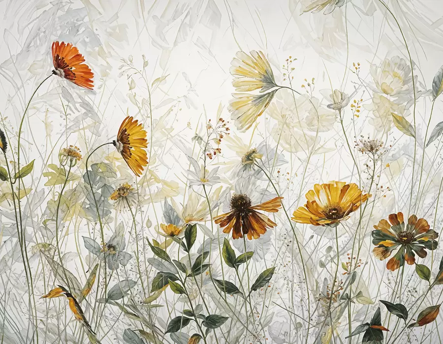 Papier peint photo Un champ de fleurs éclatantes sur un fond doux et brumeux avec de délicates fleurs blanches et de l'herbe vaporeuse w00708