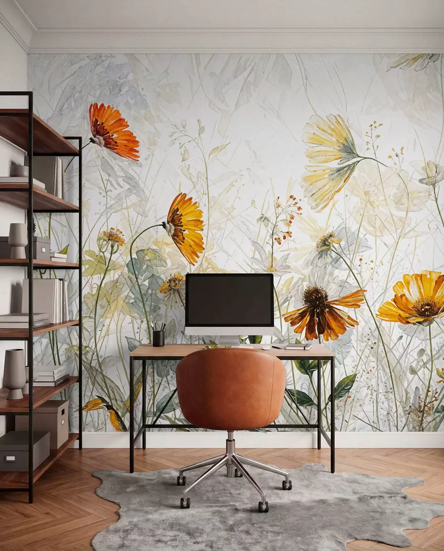 Fotobehang Een veld met levendige bloemen tegen een zachte, wazige achtergrond met delicate witte bloemen en piekerig gras w00708