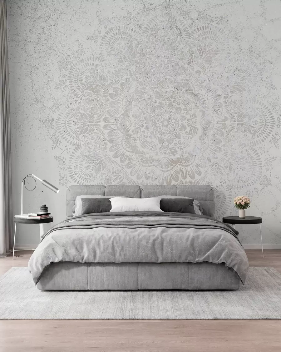Papier peint photo Mandala, motif de dentelle blanche avec des motifs floraux et circulaires, créant un design délicat et complexe w00737