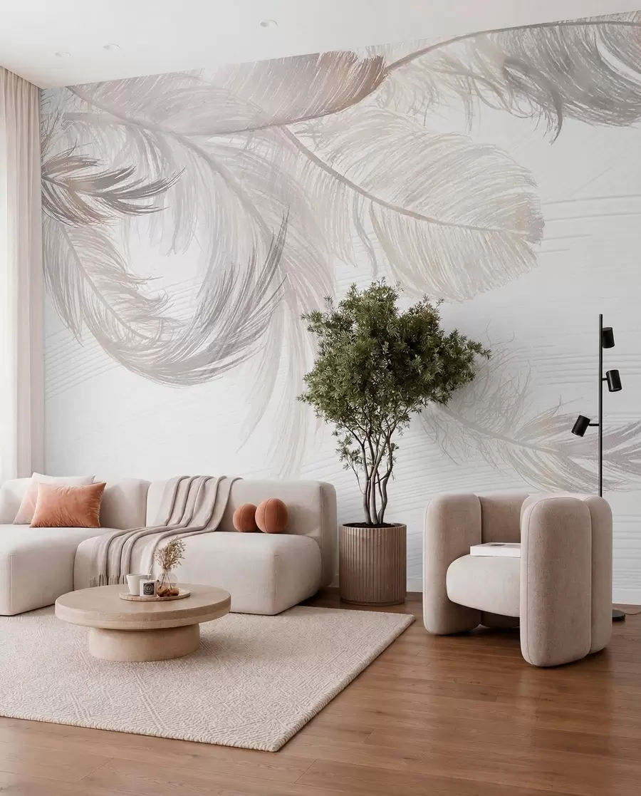 Fotobehang Zachte, delicate witte veren drijvend op een lichte achtergrond w00739