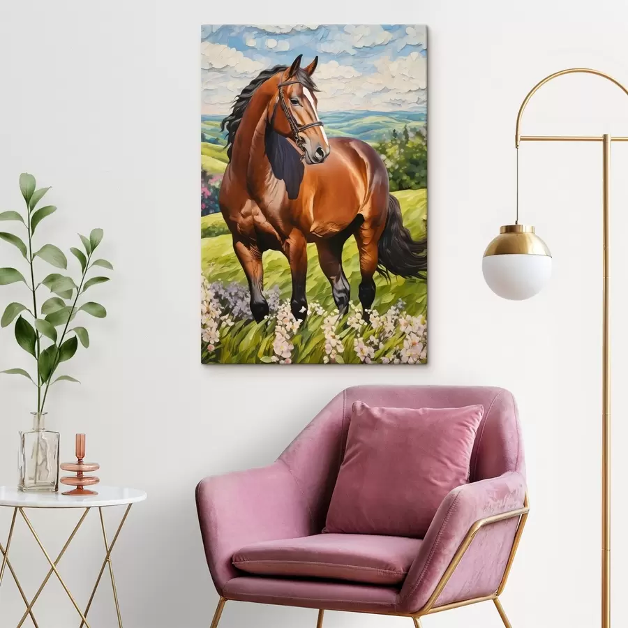  Peintures Beau cheval sur la pelouse, ciel bleu s38727