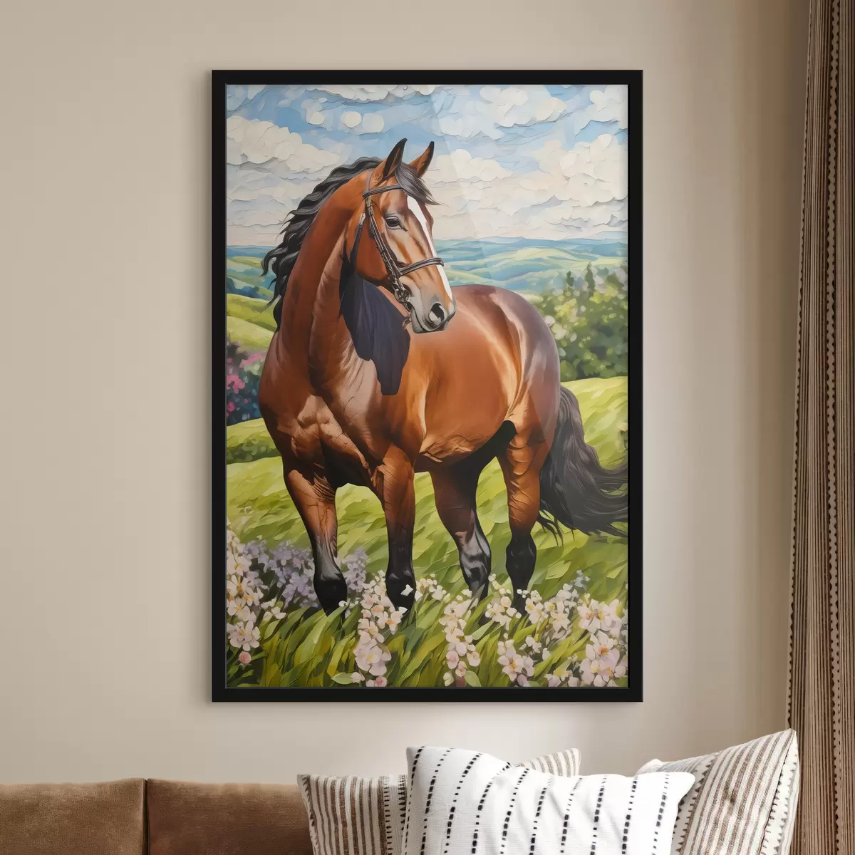 Poster Mooi paard op het gazon, blauwe lucht f38727