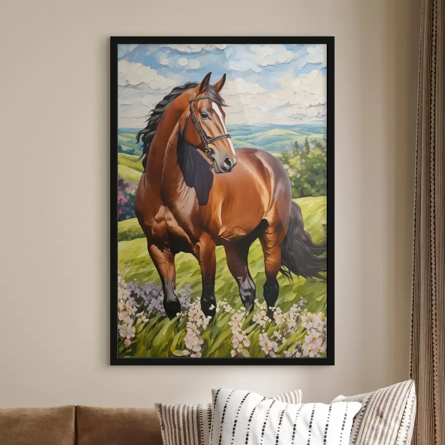 Fotobehang Mooi paard op het gazon, blauwe lucht f38727