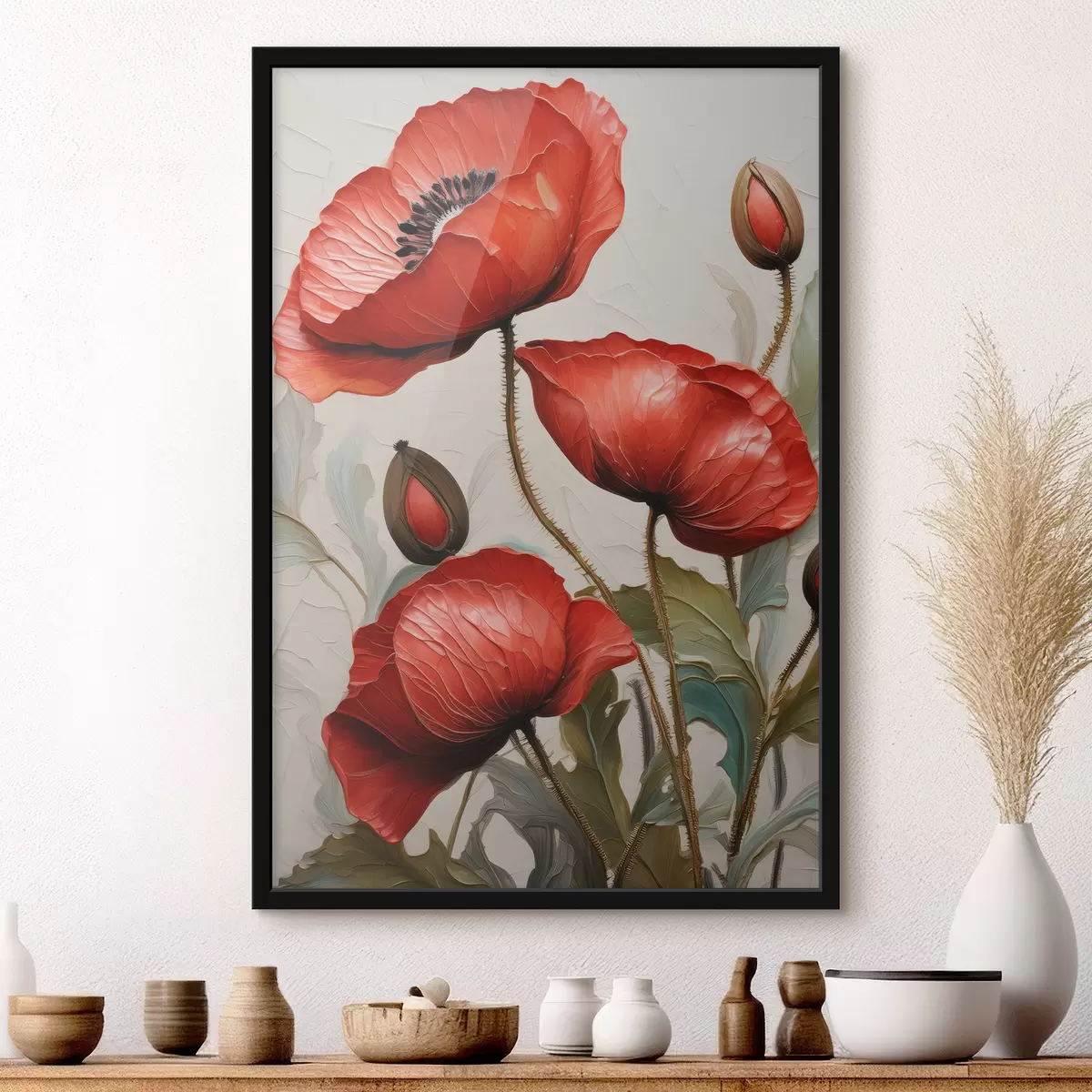 Poster Mooie rode klaprozen met olieverf f38734